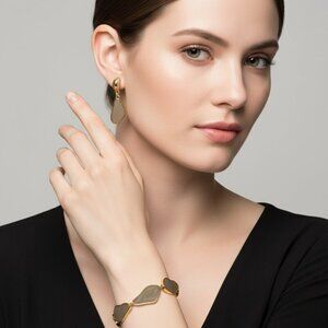 Erwin Pearl Greenish Grey Neutral tone and gold Leaf Drop Earrings + bracelet